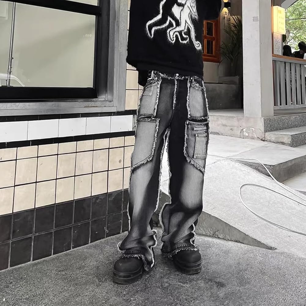 Glkaend Men's Vintage Baggy Jeans Hip Hop Patchwork High
